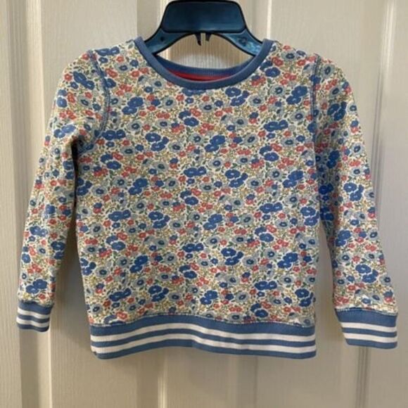 Mini Boden Blue Floral Liberty Sweatshirt Striped Ribbing Girls Size 6-7